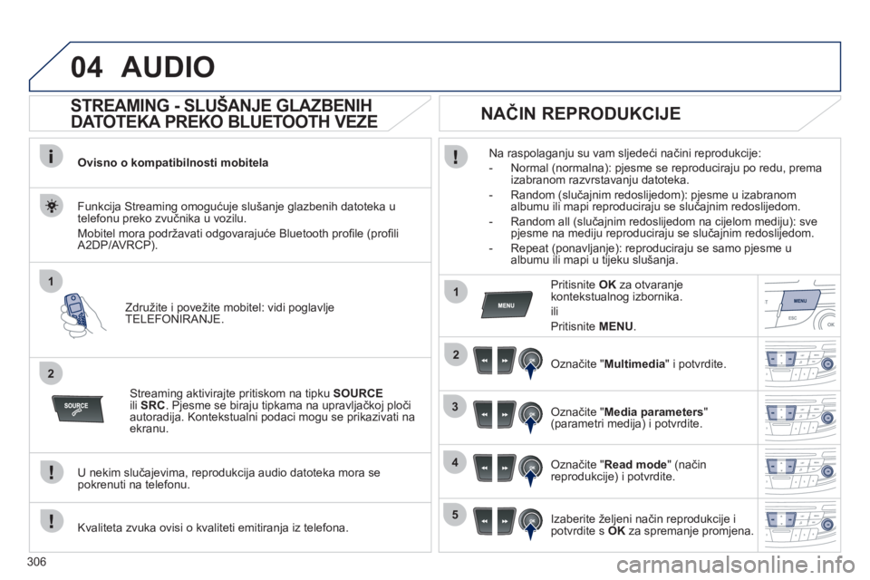 Peugeot 508 2012  Vodič za korisnike (in Croatian) 306
04
1
2
1
2
3
4
5
AUDIO 
   
 
 
 
 
 
STREAMING - SLUŠANJE GLAZBENIH 
DATOTEKA PREKO BLUETOOTH VEZE 
Ovisno o kompatibilnosti mobitela
Združite i povežite mobitel: vidi po
glavlje
TELEFONIRANJE