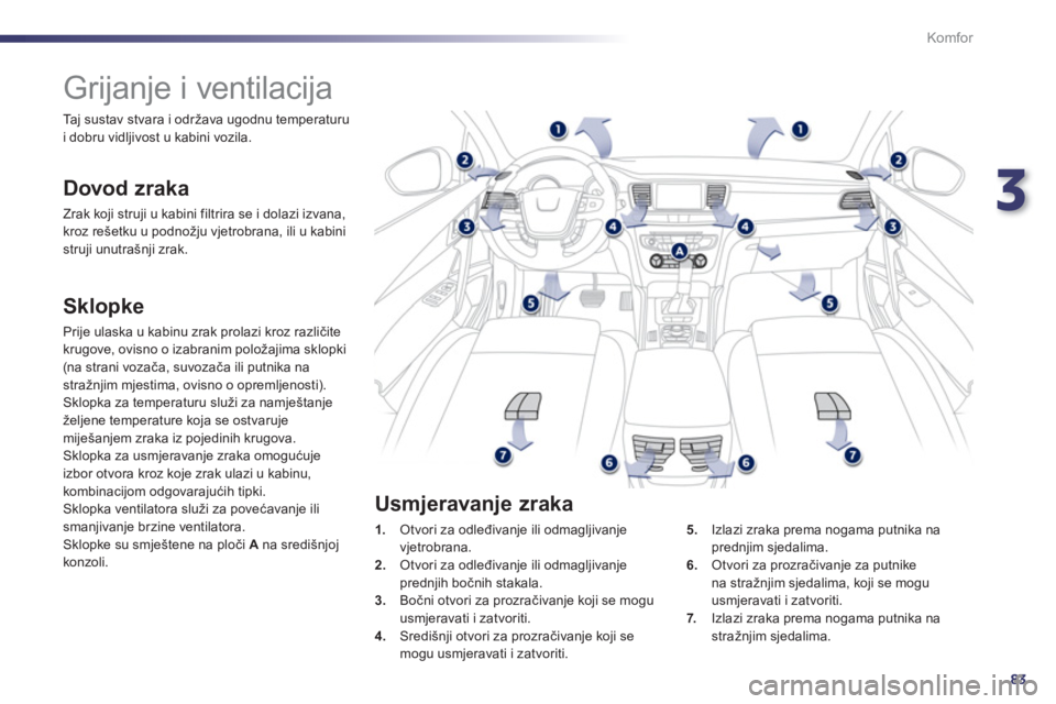 Peugeot 508 2012  Vodič za korisnike (in Croatian) 3
83
Komfor
   
 
 
 
 
 
 
 
Grijanje i ventilacija 
 
 
Dovod zraka 
 
Zrak koji struji u kabini filtrira se i dolazi izvana,
kroz rešetku u podnožju vjetrobrana, ili u kabini struji unutrašnji z