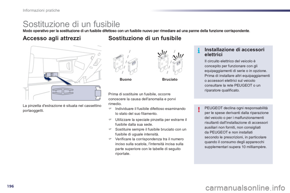 Peugeot 508 2012  Manuale del proprietario (in Italian) 196
i
!
Informazioni pratiche
   
 
 
 
 
 
 
 
 
 
 
 
 
 
 
 
 
 
 
 
Sostituzione di un fusibile 
La pinzetta destrazione è situata nel cassettinoportaoggetti.  
Accesso agli attrezzi
 
Prima di 