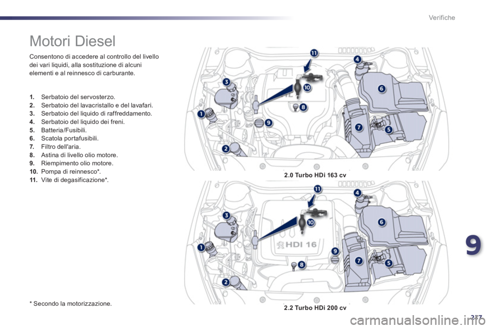 Peugeot 508 2012  Manuale del proprietario (in Italian) 9
217
Ver if iche
  Consentono di accedere al controllo del livello 
dei vari liquidi, alla sostituzione di alcuni
elementi e al reinnesco di carburante. 
   
* 
  Secondo la motorizzazione.  
 
 
 
 