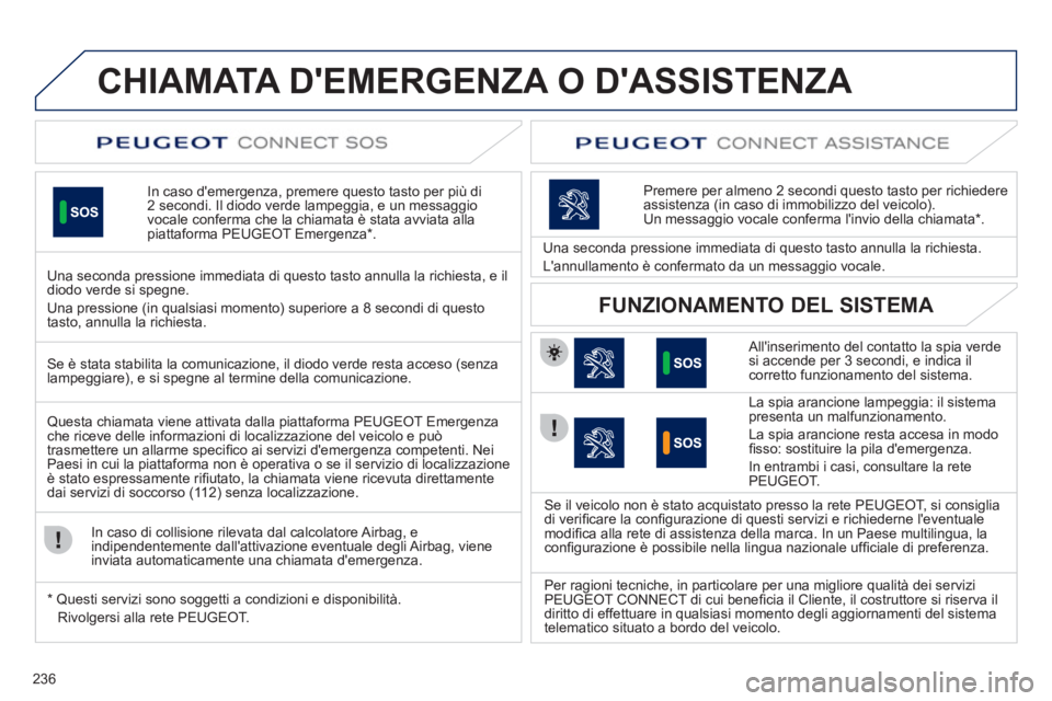 Peugeot 508 2012 Manuale del proprietario (in Italian) 236
CHIAMATA DEMERGENZA O DASSISTENZA
In caso demergenza, premere questo tasto per più di2 secondi. Il diodo verde lampeggia, e un messaggio
vocale conferma che la chiama Peugeot 508 2012 Manuale del proprietario (in Italian) 236
CHIAMATA DEMERGENZA O DASSISTENZA
In caso demergenza, premere questo tasto per più di2 secondi. Il diodo verde lampeggia, e un messaggio
vocale conferma che la chiama