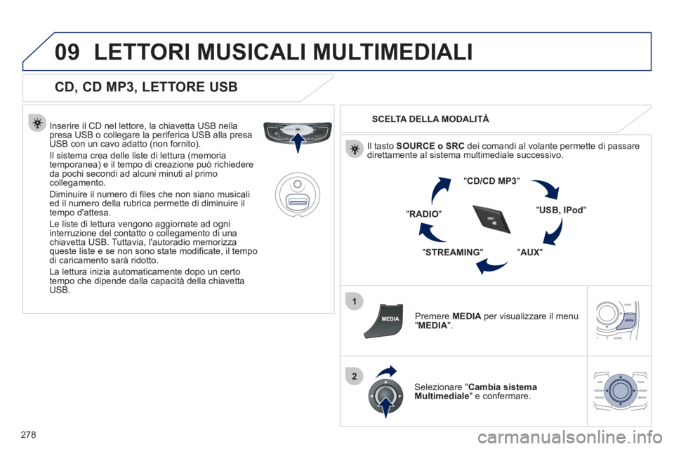 Peugeot 508 2012  Manuale del proprietario (in Italian) 278
09
1
2
LETTORI MUSICALI MULTIMEDIALI 
   
CD, CD MP3, LETTORE USB 
 
 
Inserire il CD nel lettore, la chiavetta USB nella presa USB o collegare la periferica USB alla presaUSB con un cavo adatto (
