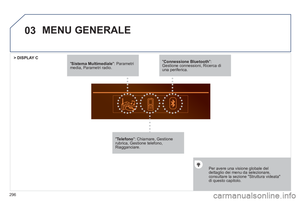 Peugeot 508 2012 Manuale del proprietario (in Italian) 296
03
"Sistema Multimediale ": Parametri media, Parametri radio.
"Telefono
": Chiamare, Gestionerubrica, Gestione telefono, Riagganciare.
Per avere una visione globale del dettaglio dei menu d Peugeot 508 2012 Manuale del proprietario (in Italian) 296
03
"Sistema Multimediale ": Parametri media, Parametri radio.
"Telefono
": Chiamare, Gestionerubrica, Gestione telefono, Riagganciare.
Per avere una visione globale del dettaglio dei menu d