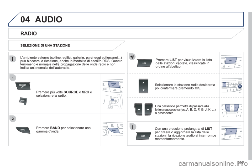 Peugeot 508 2012 Manuale del proprietario (in Italian) 297
1
2
04AUDIO
Premere più volte SOURCEo SRCeselezionare la radio.
Pr
emere BANDper selezionare unagamma donda.
Premere LISTper visualizzare la lista
delle stazioni captate, classifi cate in Peugeot 508 2012 Manuale del proprietario (in Italian) 297
1
2
04AUDIO
Premere più volte SOURCEo SRCeselezionare la radio.
Pr
emere BANDper selezionare unagamma donda.
Premere LISTper visualizzare la lista
delle stazioni captate, classifi cate in