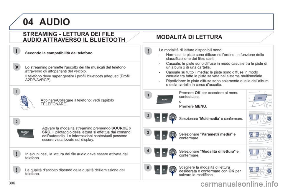 Peugeot 508 2012 Manuale del proprietario (in Italian) 306
04
1
2
1
2
3
4
5
AUDIO
STREAMING - LETTURA DEI FILE
AUDIO ATTRAVERSO IL BLUETOOTH
Secondo la compatibilità del telefono
Abbinare
/Collegare il telefono: vedi capitolo
TELEFO Peugeot 508 2012 Manuale del proprietario (in Italian) 306
04
1
2
1
2
3
4
5
AUDIO
STREAMING - LETTURA DEI FILE
AUDIO ATTRAVERSO IL BLUETOOTH
Secondo la compatibilità del telefono
Abbinare
/Collegare il telefono: vedi capitolo
TELEFO
