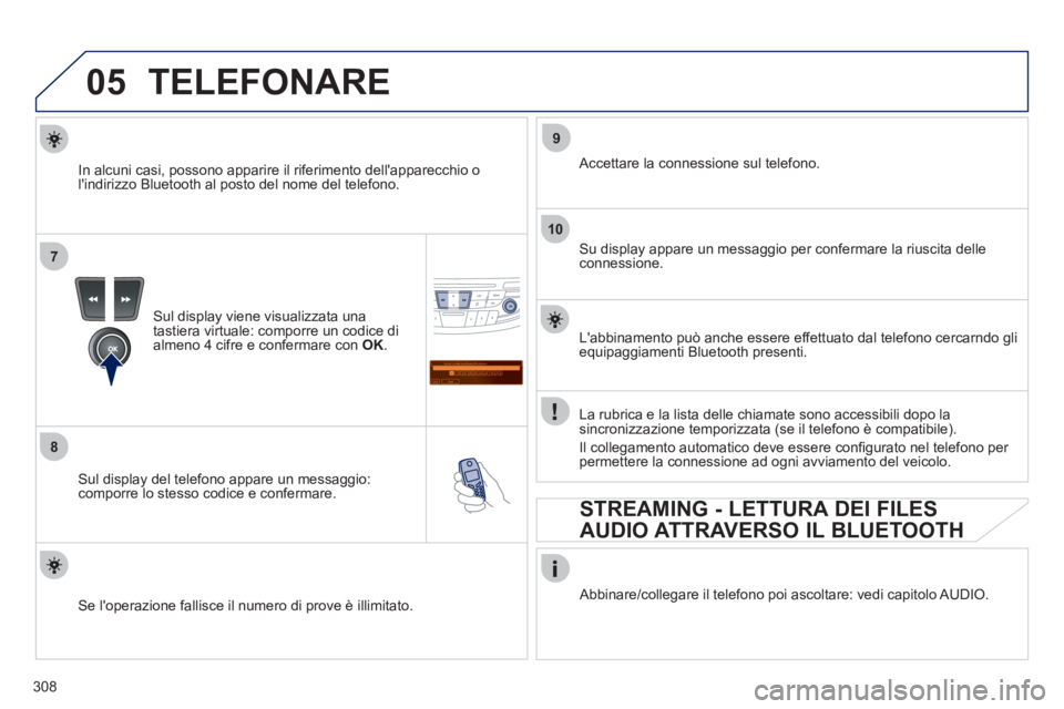 Peugeot 508 2012 Manuale del proprietario (in Italian) 308
05
7
8
Saisir code authentification
01
OK Del23456789 _
9
10
TELEFONARE
Sul display viene visualizzata una
tastiera virtuale: comporre un codice di
almeno 4 cifre e confermare con OK.
Sul Peugeot 508 2012 Manuale del proprietario (in Italian) 308
05
7
8
Saisir code authentification
01
OK Del23456789 _
9
10
TELEFONARE
Sul display viene visualizzata una
tastiera virtuale: comporre un codice di
almeno 4 cifre e confermare con OK.
Sul