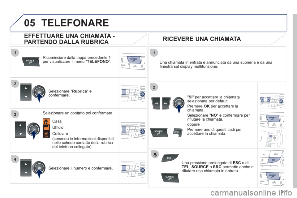 Peugeot 508 2012 Manuale del proprietario (in Italian) 311
1
2
1
4
2
3
05TELEFONARE
Ricominciare dalla tappa precedente 1per visualizzare il menu " TELEFONO".
Selezionare "Rubrica" e confermare.
Una chiamata in entrata è annunciata da una suon Peugeot 508 2012 Manuale del proprietario (in Italian) 311
1
2
1
4
2
3
05TELEFONARE
Ricominciare dalla tappa precedente 1per visualizzare il menu " TELEFONO".
Selezionare "Rubrica" e confermare.
Una chiamata in entrata è annunciata da una suon