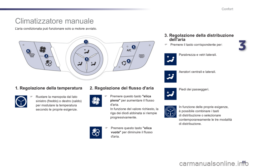Peugeot 508 2012  Manuale del proprietario (in Italian) 3
85
Confort
  Climatizzatore manuale 
 
 
Laria condizionata può funzionare solo a motore avviato.
1. Regolazione della temperatura
�) 
  Ruotare la manopola dal latosinistro (freddo) o destro (cal