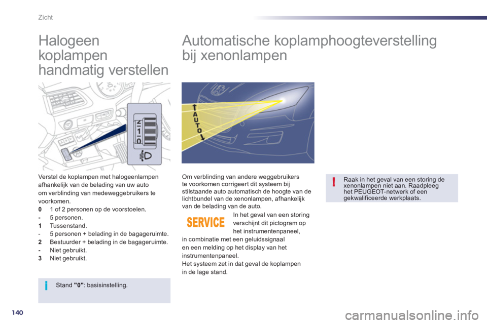 Peugeot 508 2012  Handleiding (in Dutch) 140
i
!
Zicht
   
 
 
 
 
 
 
Halogeen 
koplampen 
handmatig verstellen    
 
 
 
 
 
Automatische koplamphoogteverstelling 
bij xenonlampen 
Verstel de koplampen met halogeenlampen afhankelijk van de