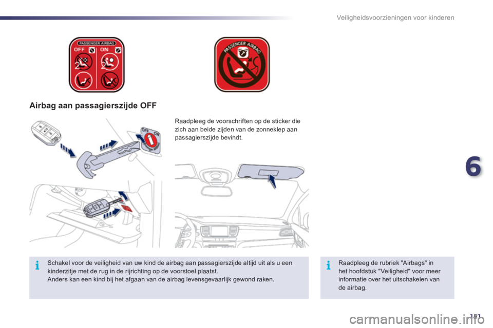 Peugeot 508 2012  Handleiding (in Dutch) 6
151
ii
Veiligheidsvoorzieningen voor kinderen
   
 
Airbag aan passagierszijde OFF  
 
 
Raadpleeg de rubriek "Airbags" in het hoofdstuk "Veiligheid" voor meer informatie over het uitschakelen vande