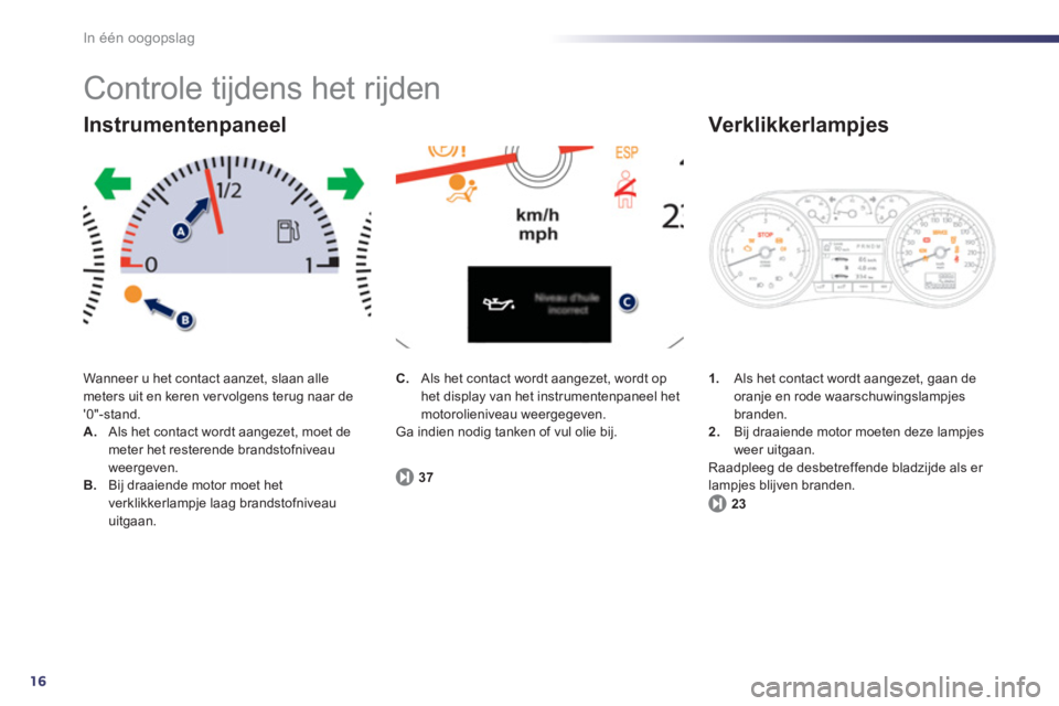 Peugeot 508 2012 Handleiding (in Dutch) 16
In één oogopslag
Controle tijdens het rijden
Wanneer u het contact aanzet, slaan alle meters uit en keren ver volgens terug naar de 0"-stand.A.
Als het contact wordt aangezet, moet de mete Peugeot 508 2012 Handleiding (in Dutch) 16
In één oogopslag
Controle tijdens het rijden
Wanneer u het contact aanzet, slaan alle meters uit en keren ver volgens terug naar de 0"-stand.A.
Als het contact wordt aangezet, moet de mete