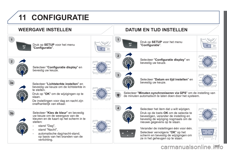 Peugeot 508 2012 Handleiding (in Dutch) 283
11
1
2
3a
3b
1
2
3
4
CONFIGURATIE
Druk op SETUPvoor het menu "Configuratie".
Selecteer " Lichtsterkte instellen " enbevestig uw keuze om de lichtsterkte in
te stellen.
Druk op " OK
" om de wi
j Peugeot 508 2012 Handleiding (in Dutch) 283
11
1
2
3a
3b
1
2
3
4
CONFIGURATIE
Druk op SETUPvoor het menu "Configuratie".
Selecteer " Lichtsterkte instellen " enbevestig uw keuze om de lichtsterkte in
te stellen.
Druk op " OK
" om de wi
j
