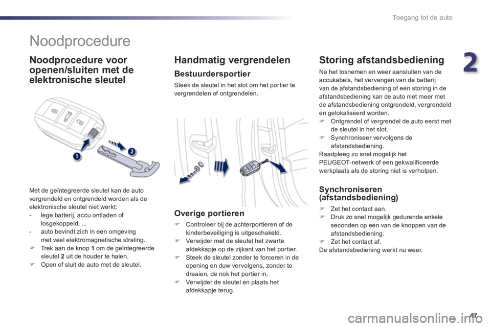 Peugeot 508 2012  Handleiding (in Dutch) 2
47
Toegang tot de auto
   
 
 
 
 
Noodprocedure 
 
 
Noodprocedure voor 
o
penen/sluiten  
 met de
elektronische sleutel
 
Met de geïntegreerde sleutel kan de auto
vergrendeld en ontgrendeld worde