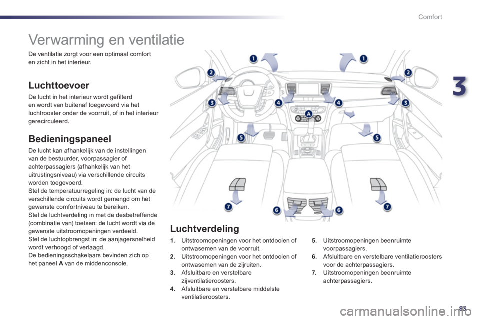 Peugeot 508 2012  Handleiding (in Dutch) 3
83
Comfort
   
 
 
 
 
 
 
 
Verwarming en ventilatie 
 
 
Luchttoevoer 
 
De lucht in het interieur wordt gefilterden wordt van buitenaf toegevoerd via het
luchtrooster onder de voorruit, of in het