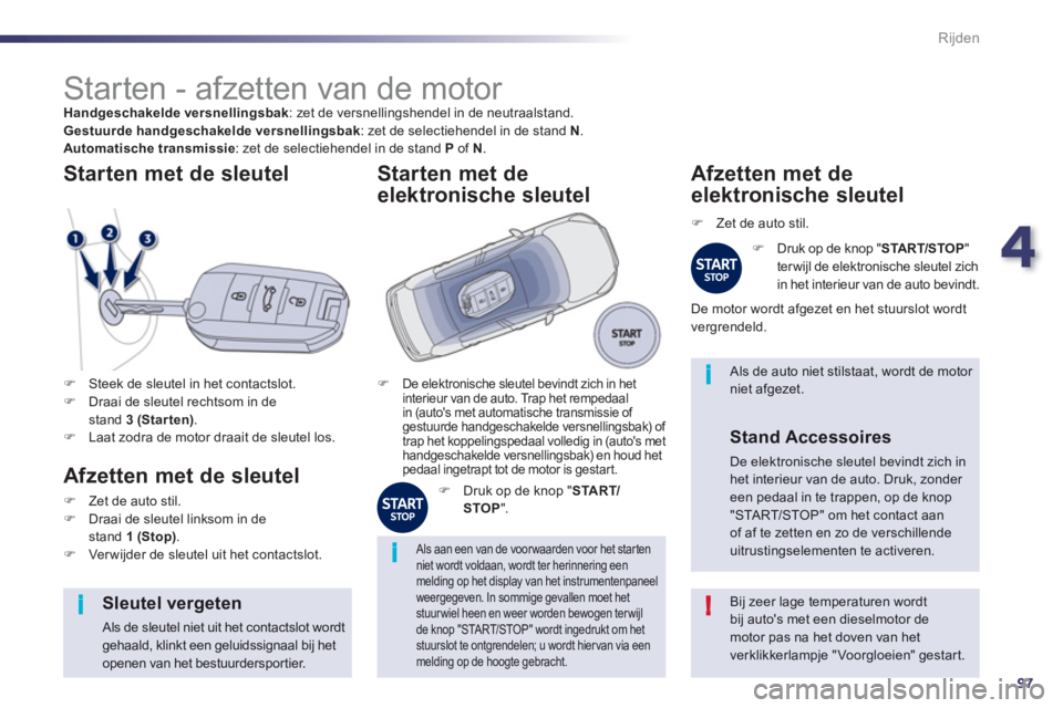 Peugeot 508 2012  Handleiding (in Dutch) 4
97
i
!
i
i
Rijden
   
 
 
 
 
 
 
 
 
 
 
Starten - afzetten van de motor Handgeschakelde versnellingsbak: zet de versnellingshendel in de neutraalstand. Gestuurde handgeschakelde versnellingsbak 
: