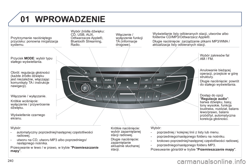 Peugeot 508 2012  Instrukcja Obsługi (in Polish) 240
01  WPROWADZENIE 
 
 
Włączenie / 
wyłączenie funkcji 
TA (informacje
drogowe).   
W
yświetlanie listy odbieranych stacji, utworów albofolderów CD/MP3/Odtwarzacz Apple®. 
  Dłu
gie naciś