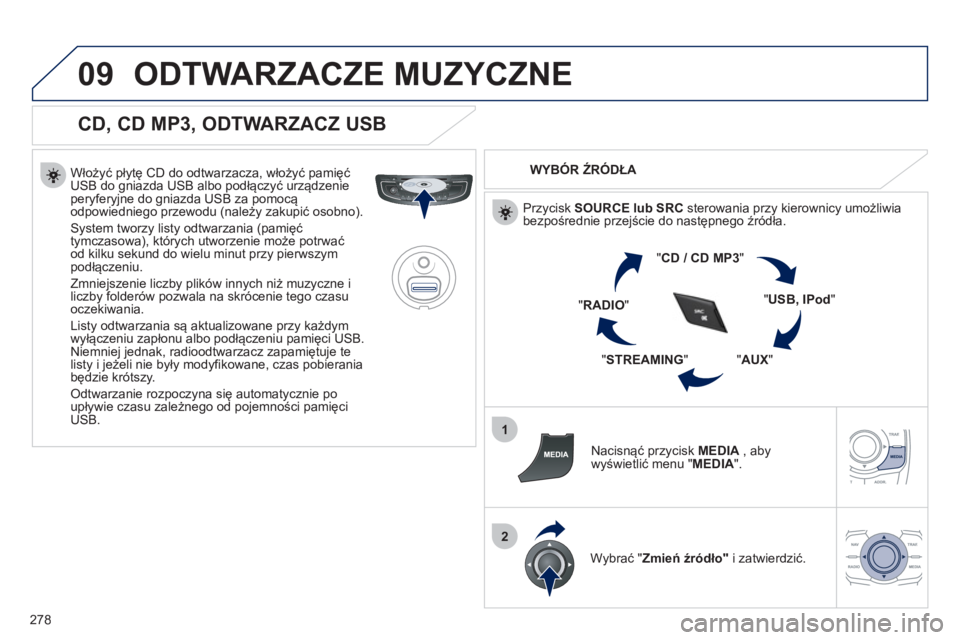 Peugeot 508 2012  Instrukcja Obsługi (in Polish) 278
09
1
2
ODTWARZACZE MUZYCZNE 
   
CD, CD MP3, ODTWARZACZ USB 
 
 
Włoży�ü płytę CD do odtwarzacza, włoży�ü pamięćUSB do gniazda USB albo podłączyć urządzenie peryferyjne do gniazda US