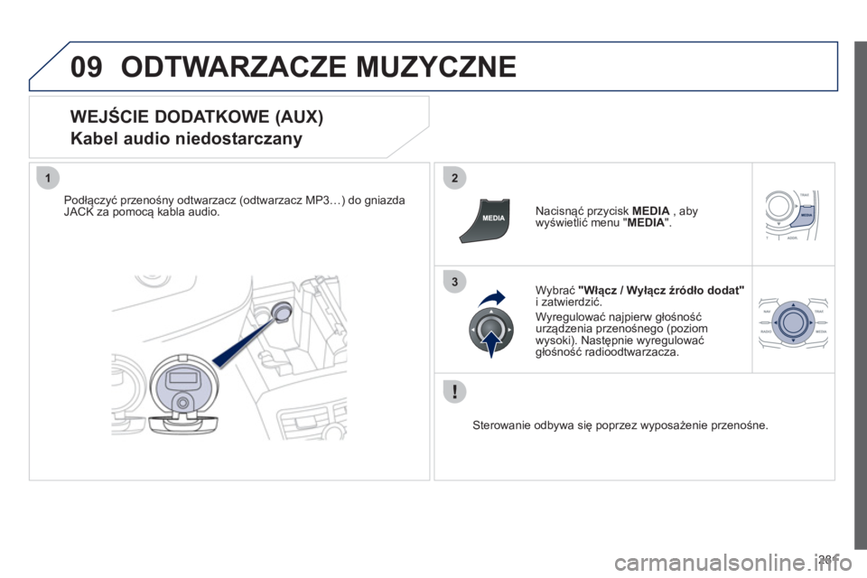 Peugeot 508 2012 Instrukcja Obsługi (in Polish) 281
09
12
3
ODTWARZACZE MUZYCZNE
WEJŚCIE DODATKOWE (AUX)
Kabel audio niedostarczany
Podłączyć przenośny odtwarzacz (odtwarzacz MP3…) do gniazdaJACK za pomocą kabla audio.
Nacisną Peugeot 508 2012 Instrukcja Obsługi (in Polish) 281
09
12
3
ODTWARZACZE MUZYCZNE
WEJŚCIE DODATKOWE (AUX)
Kabel audio niedostarczany
Podłączyć przenośny odtwarzacz (odtwarzacz MP3…) do gniazdaJACK za pomocą kabla audio.
Nacisną