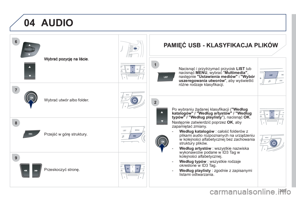 Peugeot 508 2012  Instrukcja Obsługi (in Polish) 303
7
6
8
9
2
1
04
Wybrać utwór albo folder.
Przeskocz
yć stronę.   Prze
jść w g
