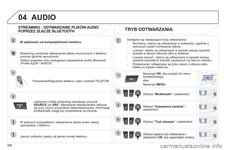 Peugeot 508 2012  Instrukcja Obsługi (in Polish) 306
04
1
2
1
2
3
4
5
AUDIO
   
 
 
 
 
 
STREAMING - ODTWARZANIE PLIKÓW AUDIO 
POPRZEZ ZŁĄCZE BLUETOOTH 
W zależności od kompatybilności telefonu  
Parowanie/Poł
ączenie telefonu: patrz rozdzi