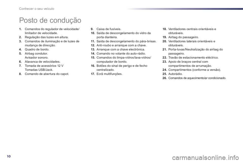 Peugeot 508 2012 Manual do proprietário (in Portuguese) 10
Conhecer o seu veículo
9.Caixa de fusíveis.
10. Saída de descongelamento do vidro da
por ta dianteira.
11.Saída de descongelamento do pára-brisas. 12 .Anti-roubo e arranque com a chave.
13 Peugeot 508 2012 Manual do proprietário (in Portuguese) 10
Conhecer o seu veículo
9.Caixa de fusíveis.
10. Saída de descongelamento do vidro da
por ta dianteira.
11.Saída de descongelamento do pára-brisas. 12 .Anti-roubo e arranque com a chave.
13