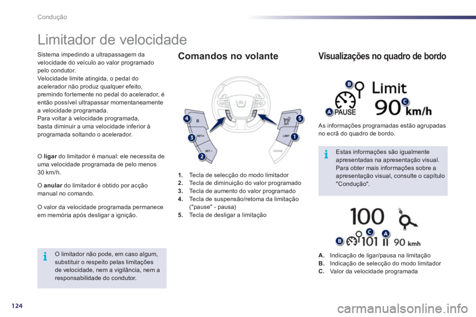 Peugeot 508 2012  Manual do proprietário (in Portuguese) 124
i
i
Condução
   
 
 
 
 
Limitador de velocidade 
Sistema impedindo a ultrapassagem da
velocidade do veículo ao valor programado pelo condutor. 
Velocidade limite atin
gida, o pedal do acelerad