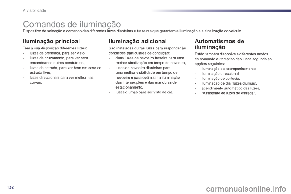 Peugeot 508 2012  Manual do proprietário (in Portuguese) 132
A visibilidade
   
 
 
 
 
 
 
 
 
 
 
 
 
 
Comandos de iluminação Dispositivo de selecção e comando das diferentes luzes dianteiras e traseiras que garantem a iluminação e a sinalização 