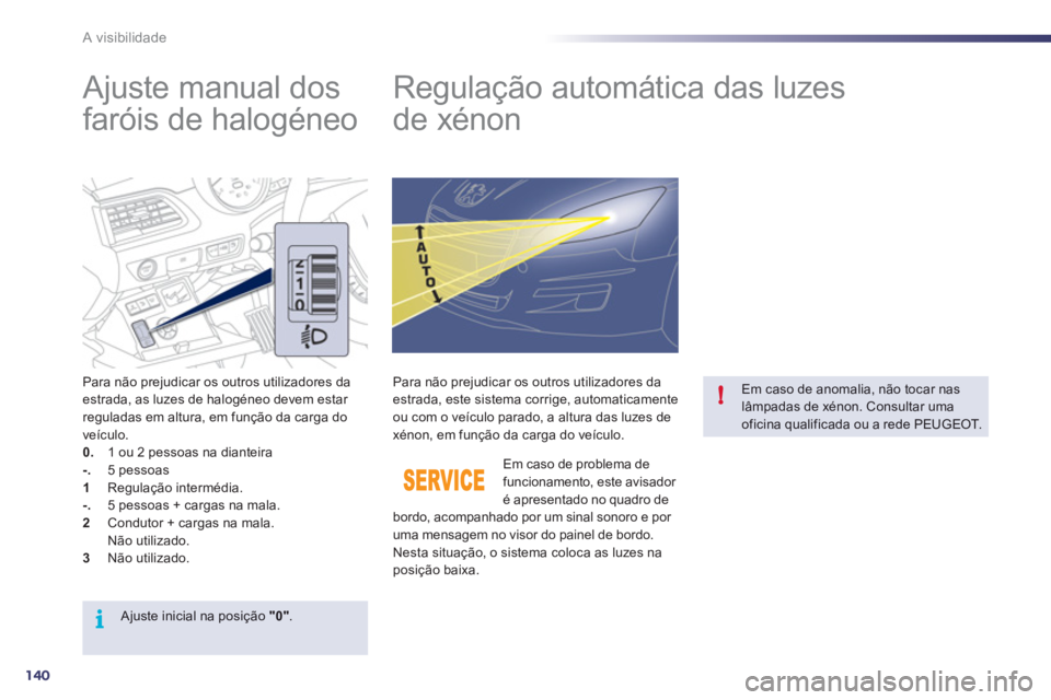 Peugeot 508 2012 Manual do proprietário (in Portuguese) 140
i
!
A visibilidade
Ajuste manual dos
faróis de halogéneo
Regulação automática das luzes
de xénon
Para não prejudicar os outros utilizadores daestrada, as l Peugeot 508 2012 Manual do proprietário (in Portuguese) 140
i
!
A visibilidade
Ajuste manual dos
faróis de halogéneo
Regulação automática das luzes
de xénon
Para não prejudicar os outros utilizadores daestrada, as l