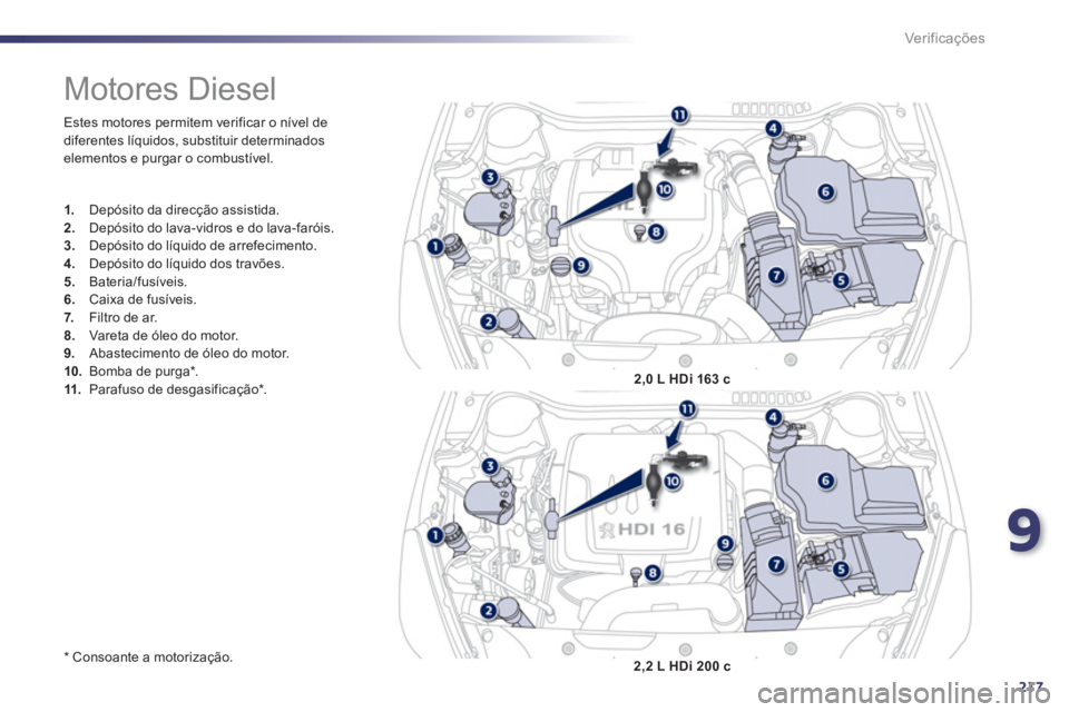 Peugeot 508 2012  Manual do proprietário (in Portuguese) 9
217
Ver if ic aç ões
  Estes motores permitem verificar o nível de
diferentes líquidos, substituir determinados 
elementos e purgar o combustível.
   
* 
 
 Consoante a motorização.  
 
 
 
 