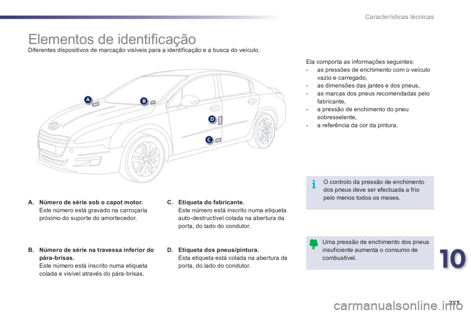 Peugeot 508 2012 Manual do proprietário (in Portuguese) 10
233
i
Características técnicas
Elementos de identifi cação
Diferentes dispositivos de marcação visíveis para a identificação e a busca do Peugeot 508 2012 Manual do proprietário (in Portuguese) 10
233
i
Características técnicas
Elementos de identifi cação
Diferentes dispositivos de marcação visíveis para a identificação e a busca do