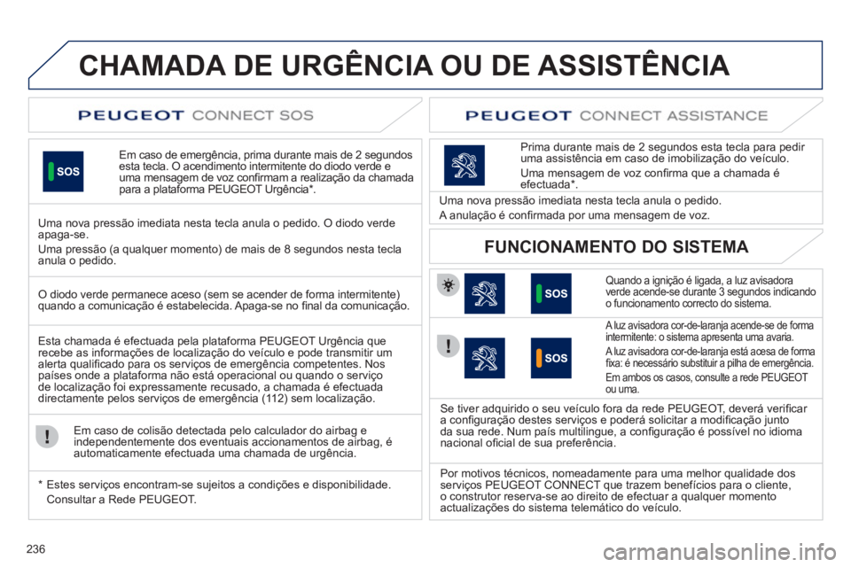 Peugeot 508 2012 Manual do proprietário (in Portuguese) 236
CHAMADA DE URGÊNCIA OU DE ASSISTÊNCIA
Em caso de emergência, prima durante mais de 2 segundos esta tecla. O acendimento intermitente do diodo verde e uma mensagem de voz confi rmam a realiz Peugeot 508 2012 Manual do proprietário (in Portuguese) 236
CHAMADA DE URGÊNCIA OU DE ASSISTÊNCIA
Em caso de emergência, prima durante mais de 2 segundos esta tecla. O acendimento intermitente do diodo verde e uma mensagem de voz confi rmam a realiz