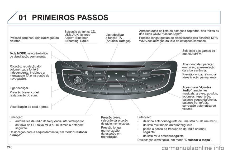 Peugeot 508 2012 Manual do proprietário (in Portuguese) 240
01 PRIMEIROS PASSOS
Ligar/desligar
a função TA (Anúncio Tráfego).
Apresentação da lista de estações captadas, das
faixas ou
das listas CD/MP3/leitor Apple®.
Pressão long Peugeot 508 2012 Manual do proprietário (in Portuguese) 240
01 PRIMEIROS PASSOS
Ligar/desligar
a função TA (Anúncio Tráfego).
Apresentação da lista de estações captadas, das
faixas ou
das listas CD/MP3/leitor Apple®.
Pressão long
