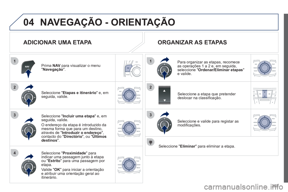 Peugeot 508 2012  Manual do proprietário (in Portuguese) 253
04
1
4
3
1
3
22
NAVEGAÇÃO - ORIENTAÇÃO
   
ADICIONAR UMA ETAPA 
Prima  NAVpara visualizar o menu"Navegação 
".  
Seleccione " Etapas e itinerário 
" e, em 
seguida, valide.  
Seleccione " P