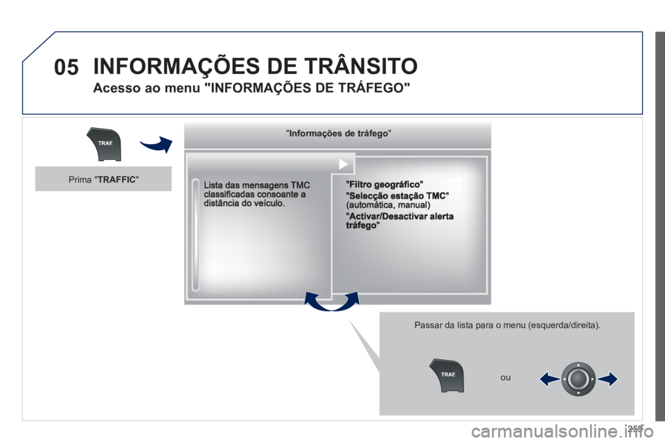 Peugeot 508 2012 Manual do proprietário (in Portuguese) 259
05 INFORMAÇÕES DE TRÂNSITO
Acesso ao menu "INFORMAÇÕES DE TRÁFEGO"
Passar da lista para o menu (esquerda/direita).
"""""""gçgçgçgçgo ações de t á egoInformações de tráfeg Peugeot 508 2012 Manual do proprietário (in Portuguese) 259
05 INFORMAÇÕES DE TRÂNSITO
Acesso ao menu "INFORMAÇÕES DE TRÁFEGO"
Passar da lista para o menu (esquerda/direita).
"""""""gçgçgçgçgo ações de t á egoInformações de tráfeg