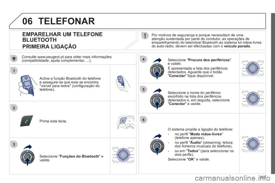 Peugeot 508 2012  Manual do proprietário (in Portuguese) 263
1
2
5
6
3
4
06
   
 
 
 
 
 
 
 
 
 
 
 
 
 
 
EMPARELHAR UM TELEFONE 
BLUETOOTH  
PRIMEIRA LIGAÇÃO    Por motivos de segurança e porque necessitam de uma
atenção sustentada por parte do cond