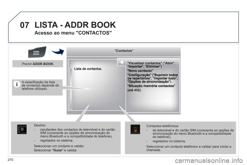 Peugeot 508 2012  Manual do proprietário (in Portuguese) 270
07  LISTA - ADDR BOOK 
 
 
Acesso ao menu "CONTACTOS" 
  """"""""ContactosContactosContactosContactosContactosContactosContactosContactosContactosContactosContactosContactosContactosContactosCttCt