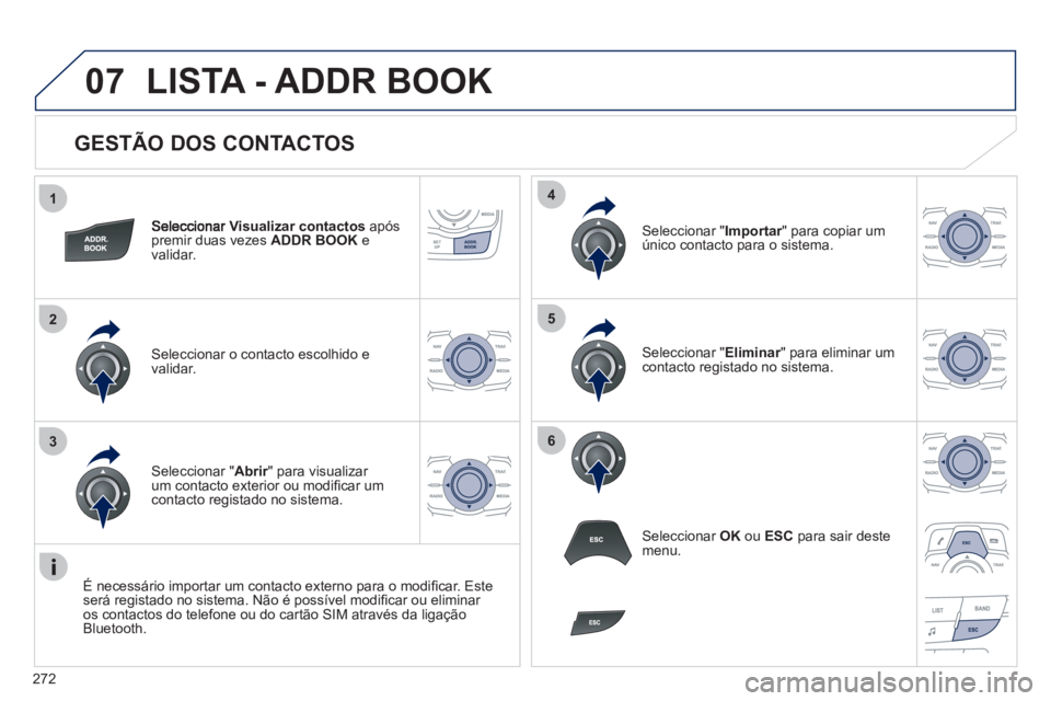 Peugeot 508 2012  Manual do proprietário (in Portuguese) 272
1
2
3
4
5
6
07
   
GESTÃO DOS CONTACTOS 
Visualizar contactos 
 após 
premir duas vezes  ADDR BOOK 
 evalidar.   
Seleccionar o contacto escolhido e 
validar.   
Seleccionar " Importar 
" para c
