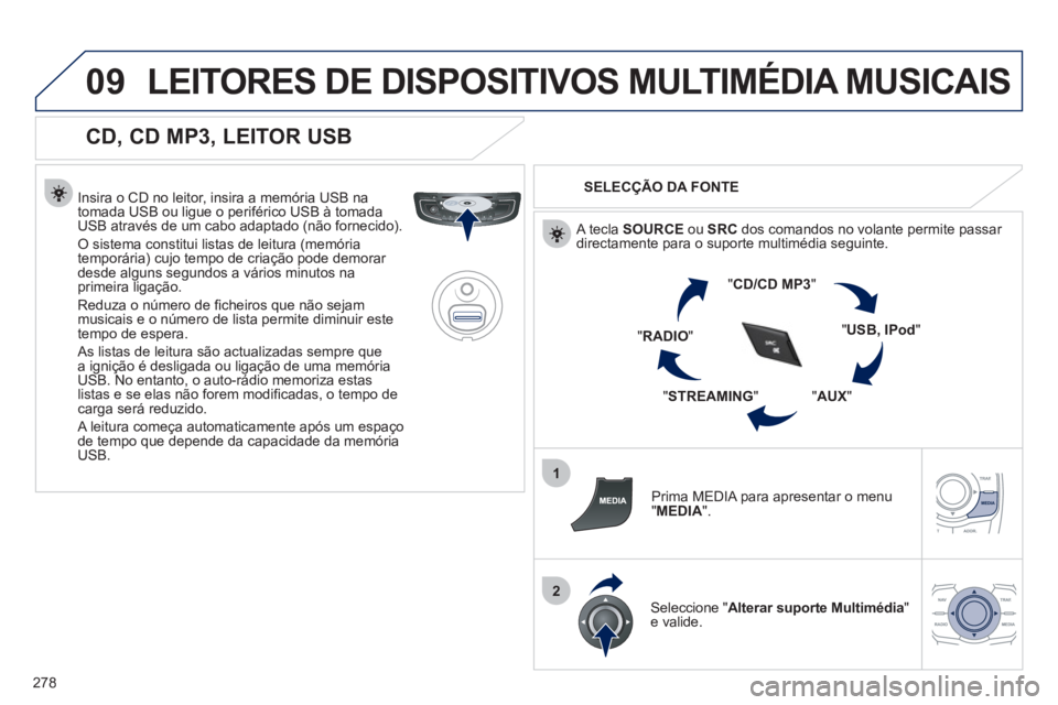 Peugeot 508 2012  Manual do proprietário (in Portuguese) 278
09
1
2
LEITORES DE DISPOSITIVOS MULTIMÉDIA MUSICAIS
   
CD, CD MP3, LEITOR USB 
 
 
Insira o CD no leitor, insira a memória USB na 
tomada USB ou ligue o periférico USB à tomadaUSB através de