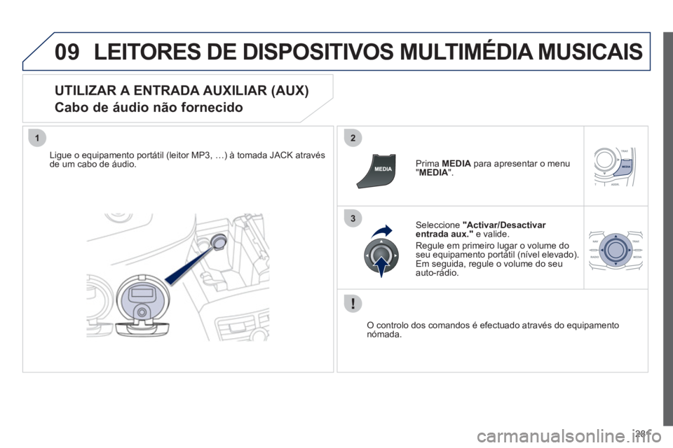 Peugeot 508 2012  Manual do proprietário (in Portuguese) 281
09
12
3
LEITORES DE DISPOSITIVOS MULTIMÉDIA MUSICAIS
   
UTILIZAR A ENTRADA AUXILIAR (AUX)  
Cabo de áudio não fornecido 
Ligue o equipamento portátil (leitor MP3, …) à tomada JACK através