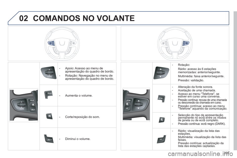 Peugeot 508 2012  Manual do proprietário (in Portuguese) 02
295
COMANDOS NO VOLANTE 
   
 
-   Apoio: Acesso ao menu de
apresentação do quadro de bordo.
   
-   Rotação: Navegação no menu de 
apresentação do quadro de bordo.
   
 
-  A
umenta o volu