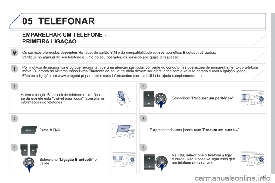 Peugeot 508 2012 Manual do proprietário (in Portuguese) 307
05
1
25
3
4
6
TELEFONAR
EMPARELHAR UM TELEFONE -
PRIMEIRA LIGAÇÃO
Os serviços oferecidos dependem da rede, do cartão SIM e da compatibilidade com os aparelhos Blue Peugeot 508 2012 Manual do proprietário (in Portuguese) 307
05
1
25
3
4
6
TELEFONAR
EMPARELHAR UM TELEFONE -
PRIMEIRA LIGAÇÃO
Os serviços oferecidos dependem da rede, do cartão SIM e da compatibilidade com os aparelhos Blue