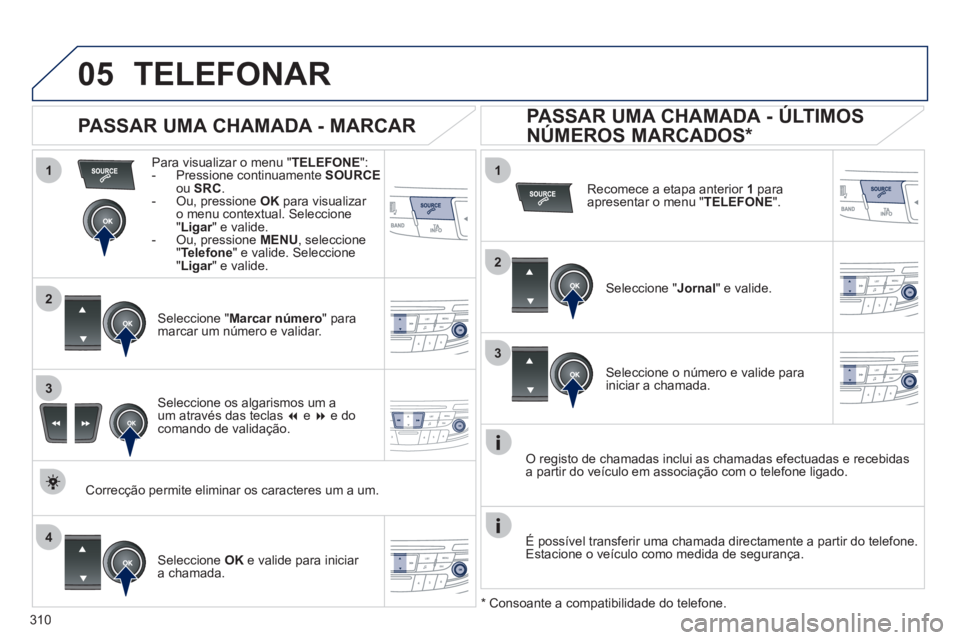Peugeot 508 2012 Manual do proprietário (in Portuguese) 310
1
2
1
4
2
3
3
05TELEFONAR
Para visualizar o menu "TELEFONE":- Pressione continuamente SOURCEou SRC.
- Ou, pressione OK
para visualizar o menu contextual. Seleccione
" Ligar" e valide.r Peugeot 508 2012 Manual do proprietário (in Portuguese) 310
1
2
1
4
2
3
3
05TELEFONAR
Para visualizar o menu "TELEFONE":- Pressione continuamente SOURCEou SRC.
- Ou, pressione OK
para visualizar o menu contextual. Seleccione
" Ligar" e valide.r