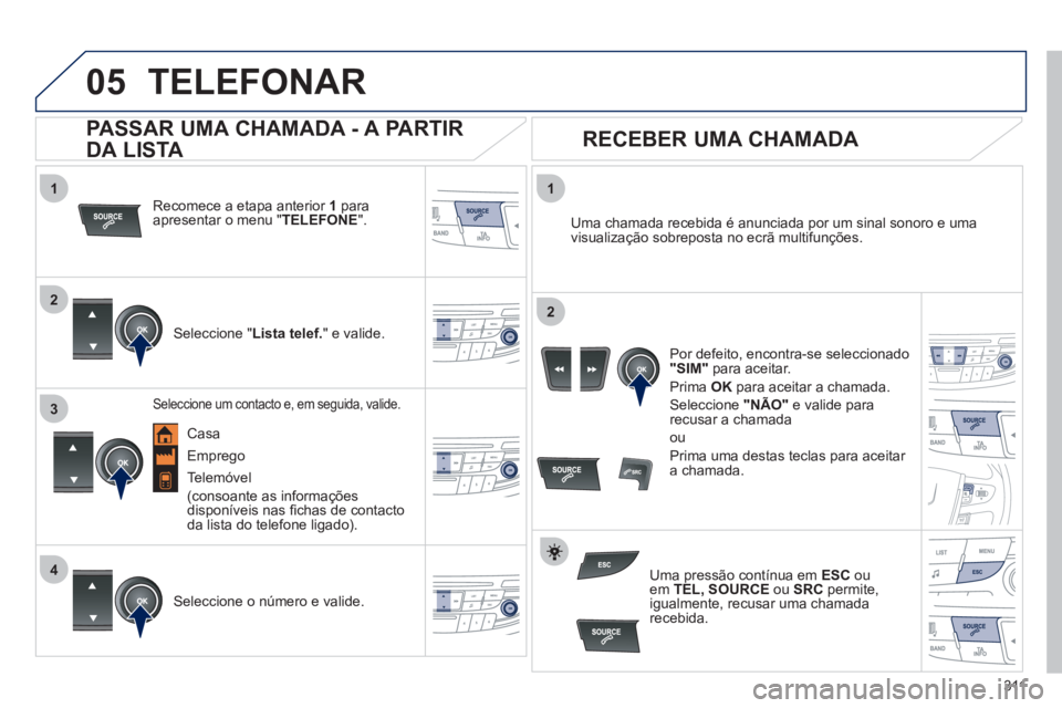 Peugeot 508 2012 Manual do proprietário (in Portuguese) 311
1
2
1
4
2
3
05TELEFONAR
Recomece a etapa anterior 1 paraapresentar o menu " TELEFONE".
Seleccione "Lista telef." e valide.
Uma chamada recebida é anunciada por um sinal sonoro e u Peugeot 508 2012 Manual do proprietário (in Portuguese) 311
1
2
1
4
2
3
05TELEFONAR
Recomece a etapa anterior 1 paraapresentar o menu " TELEFONE".
Seleccione "Lista telef." e valide.
Uma chamada recebida é anunciada por um sinal sonoro e u