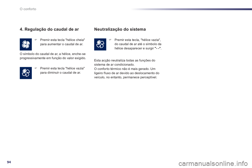 Peugeot 508 2012  Manual do proprietário (in Portuguese) 94
O conforto
4. Regulação do caudal de ar 
�)   Premir esta tecla "hélice cheia"
para aumentar o caudal de ar.  
�) 
 Premir esta tecla "hélice vazia"para diminuir o caudal de ar.  
O símbolo do