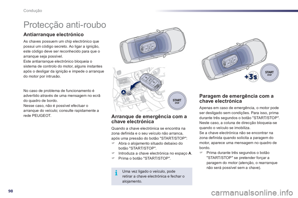 Peugeot 508 2012  Manual do proprietário (in Portuguese) 98
i
Condução
   
 
 
 
 
 
 
 
 
 
 
Protecção anti-roubo  
Antiarranque electrónico 
 As chaves possuem um chip electrónico que possui um código secreto. Ao ligar a ignição, 
este código d