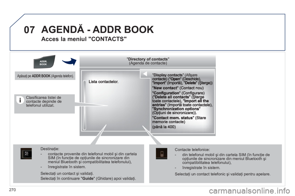 Peugeot 508 2012 Manualul de utilizare (in Romanian) 270
07 AGENDĂ - ADDR BOOK
Acces la meniul "CONTACTS"
""""""""""""yyyyyDirectory of contactsDirectory of contactsDirectory of contactsDirectory of contactsDirectory of contactsDirectory of conta Peugeot 508 2012 Manualul de utilizare (in Romanian) 270
07 AGENDĂ - ADDR BOOK
Acces la meniul "CONTACTS"
""""""""""""yyyyyDirectory of contactsDirectory of contactsDirectory of contactsDirectory of contactsDirectory of contactsDirectory of conta