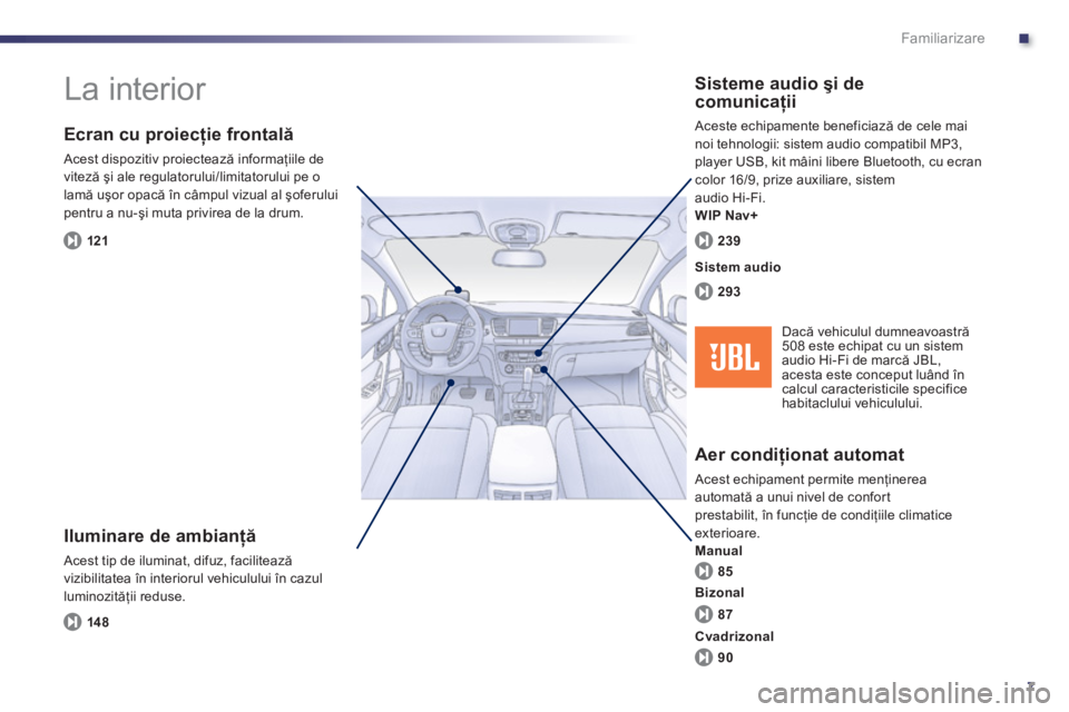 Peugeot 508 2012  Manualul de utilizare (in Romanian) .
7
Familiarizare
  La interior  
 
 
Iluminare de ambianţă
 Acest tip de iluminat, difuz, facilitează
vizibilitatea în interiorul vehiculului în cazul 
luminozităţii reduse. 
 
 
Ecran cu proi