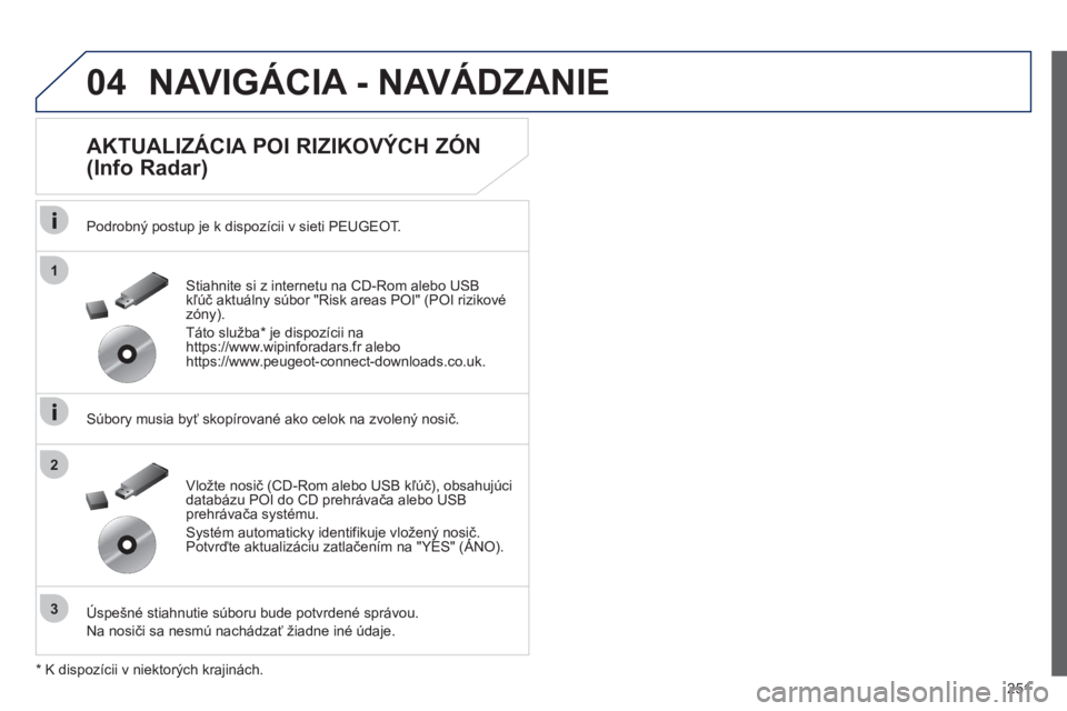 Peugeot 508 2012  Užívateľská príručka (in Slovak) 251
04
1
3
2
NAVIGÁCIA - NAVÁDZANIE 
   
AKTUALIZÁCIA POI RIZIKOVÝCH ZÓN 
(Info Radar) 
   
Podrobný postup je k dispozícii v sieti PEUGEOT.
   
Súbor
y musia byť skopírované ako celok na z