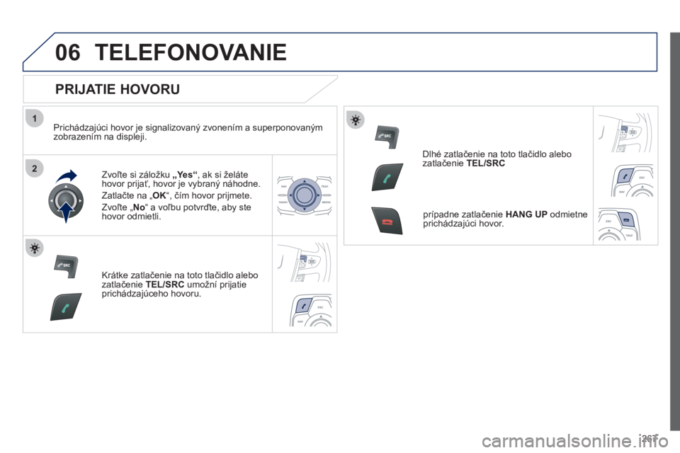 Peugeot 508 2012  Užívateľská príručka (in Slovak) 267
1
2
06TELEFONOVANIE 
   
PRIJATIE HOVORU 
 
 
Prichádzajúci hovor je signalizovaný zvonením a superponovaným
zobrazením na displeji.
Zv
oľte si záložku  „Yes“ 
, ak si želáte hovor 