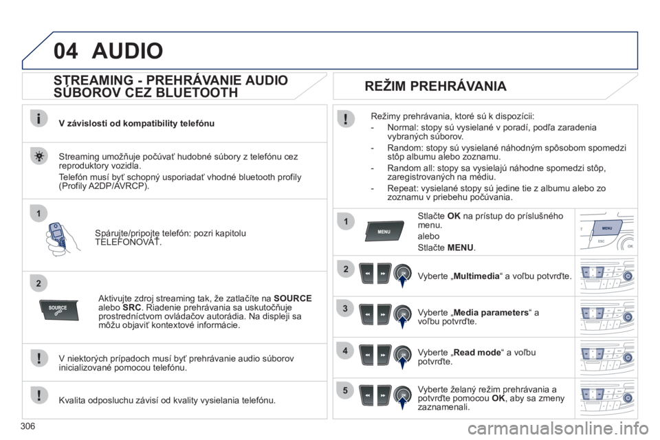 Peugeot 508 2012  Užívateľská príručka (in Slovak) 306
04
1
2
1
2
3
4
5
AUDIO
   
 
 
 
 
 
STREAMING - PREHRÁVANIE AUDIO 
SÚBOROV CEZ BLUETOOTH 
V závislosti od kompatibility telefónu  
Spárujte/pripojte telefón: pozri kapitolu TELEFONOVAŤ.pjp